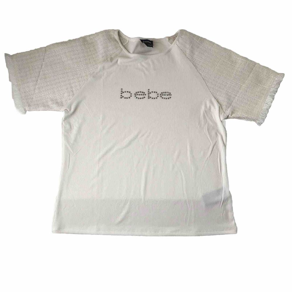 Bebe Embellished Ribbed Top Frayed Hem Sleeve Color Marshmallow Size Juniors XL